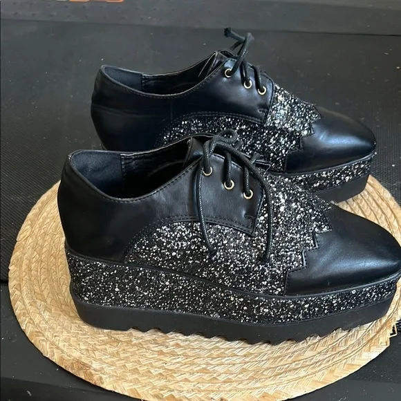 Black Glitter Platform Oxford  Funky Shoes Size 38 - Picture 13 of 14